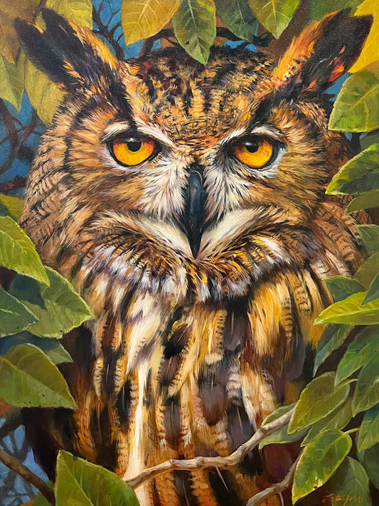 Eyes in the Leaves - Eagle Owl by Walter Stanford - 36x48