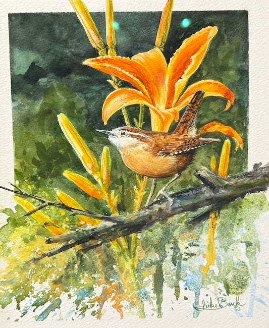 Flora and Feathers - Wren & Lilies by Luke Buck original painting
