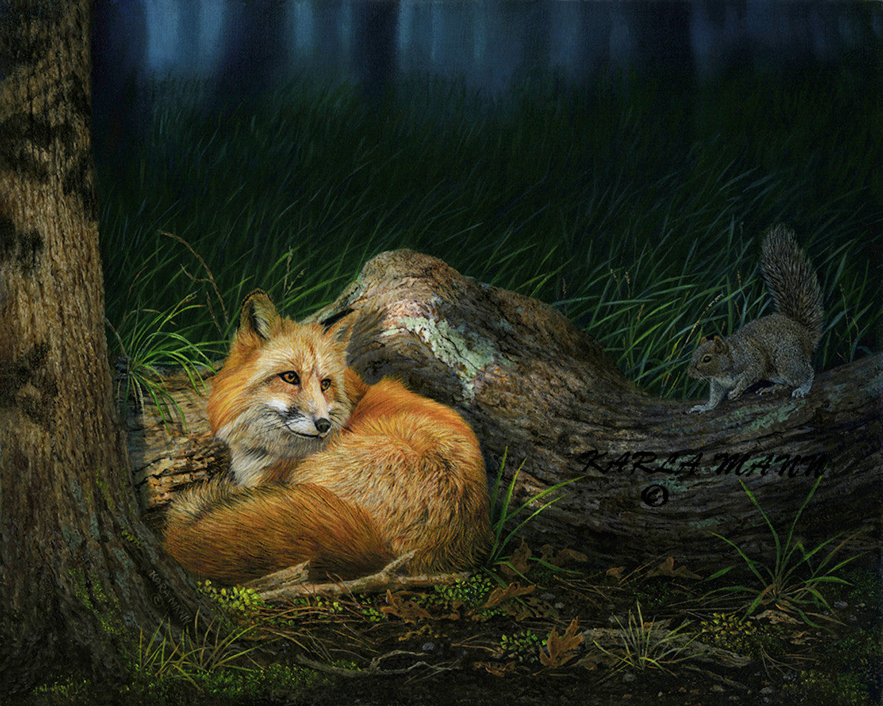 You Look Tasty - Fox with Squirrel by Karla Mann 8x10 original painting