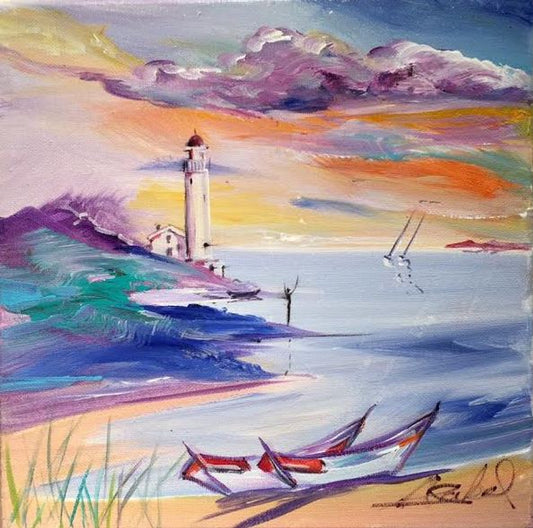 Alfred Gockel original painting | lighthouse, boats and ocean